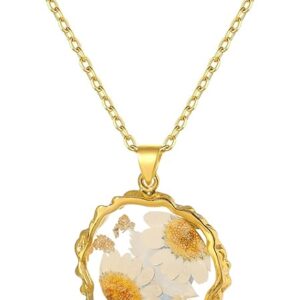 Birth Flower Necklaces for Women Gold Month Real Pressed Flora Necklace Handmade Boho Jewelry for Birthday Christmas Valentine's Day Lover Mother