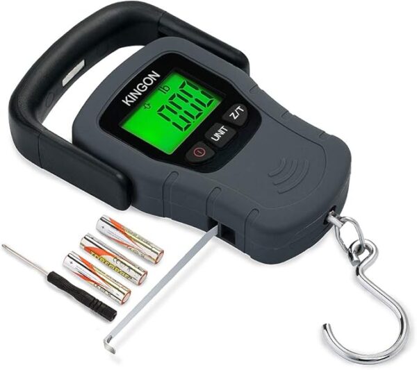 Digital Hanging Luggage Scale with Comfortable Handle and Large Hook, 110lb/50kg, Backlit Portable Scale for Travel Fishing with Tare/Hold Function, AAA Batteries Included, Grey